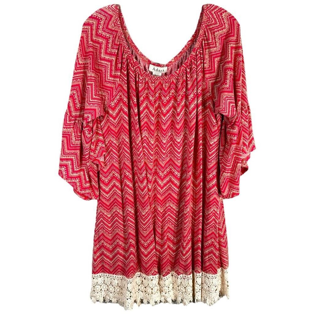 Adara Plus Size 3X Top Tunic Pink Tan Elastic Neck Crochet Lace Trim Stretch 737